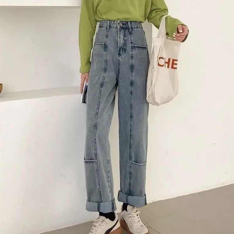 Quần Jean Nữ Ống Suông Đứng Màu Xanh Nhạt, Quần Bò Cạp Cao Basic Cá Tính Hot Trend Có Gân Đủ Size Loại 1 Style Ulzzang