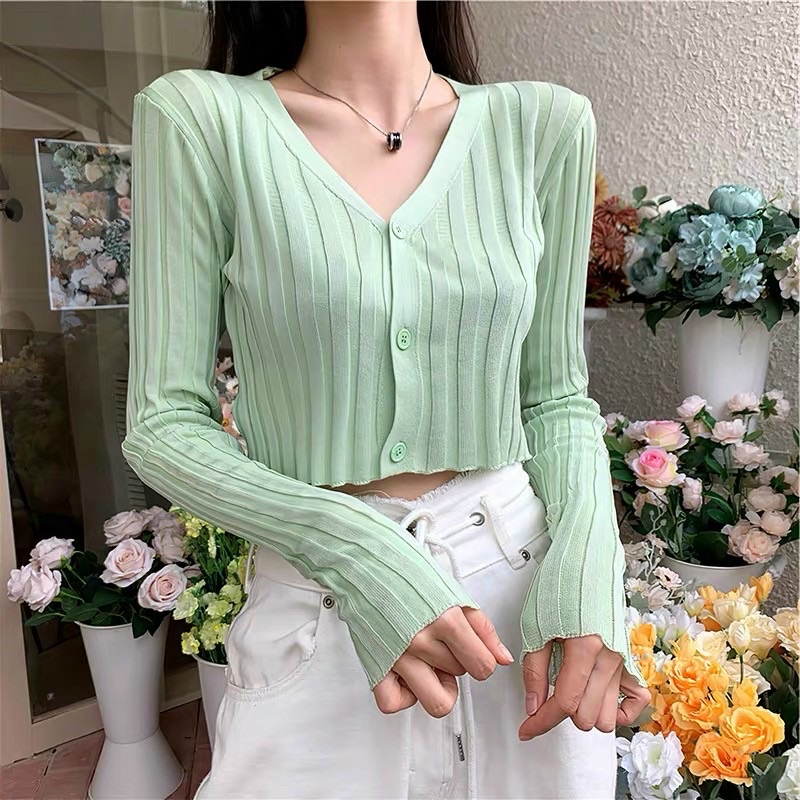 Áo cadigan len mỏng cài khuy dáng croptop cài cúc AL7025 - NhiNhi Shop
