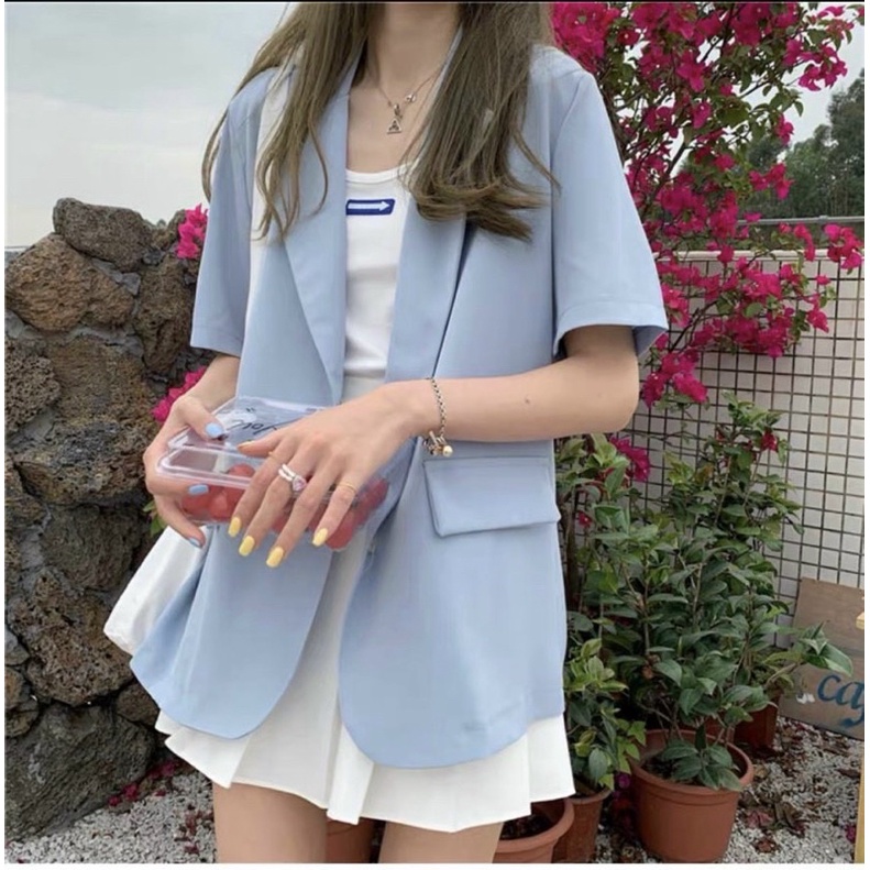 [Ảnh thật/Sẵn]Áo blazer ngắn tay nắp túi màu xanh trời/Áo vest ngắn tay Ulzzang
