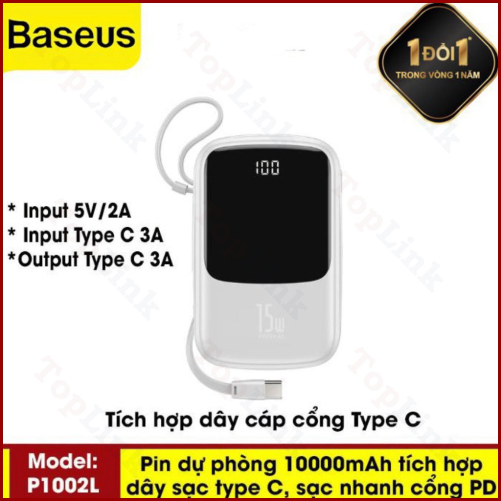 Pin Sạc Dự Phòng Baseus 10000mah Công Xuất 15W Power Bank Output 3A Tích Hợp Cáp Sạc Type C - TopLink