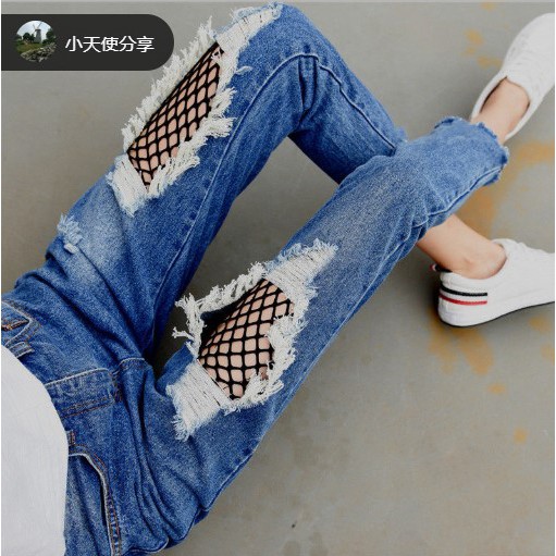 Quần Nữ, quần jeans phối lưới rách toạc gối, MY2027