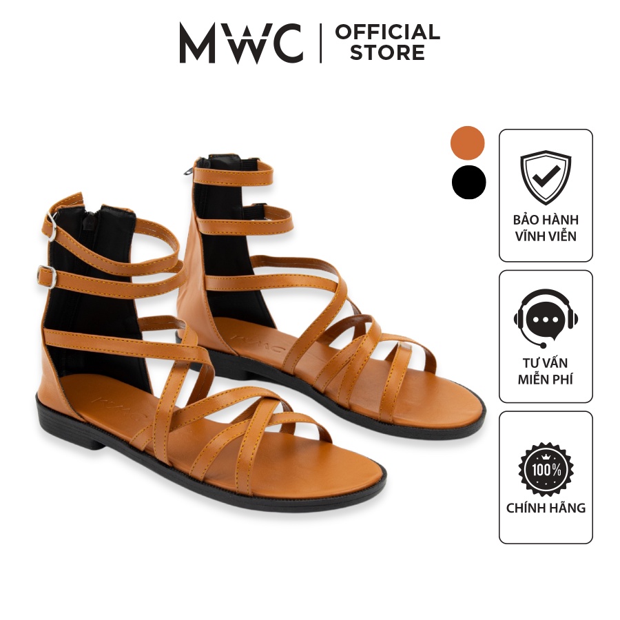 Giày MWC 2899 - Giày Sandal Đế Bệt Quai Mảnh Phối Khóa Gót Màu Đen Nâu