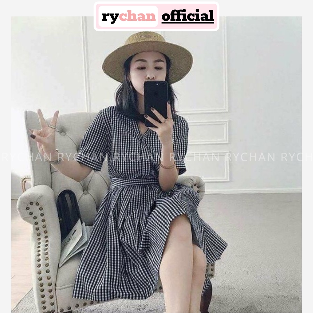 DX636 - Đầm Xòe Caro Cổ Trụ Cột Eo