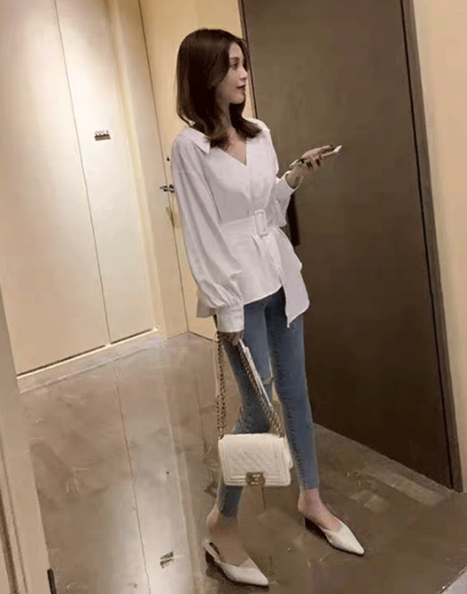 Áo sơ mi trắng tay dài thiết kế đơn giản thoải mái thời trang cho nữ