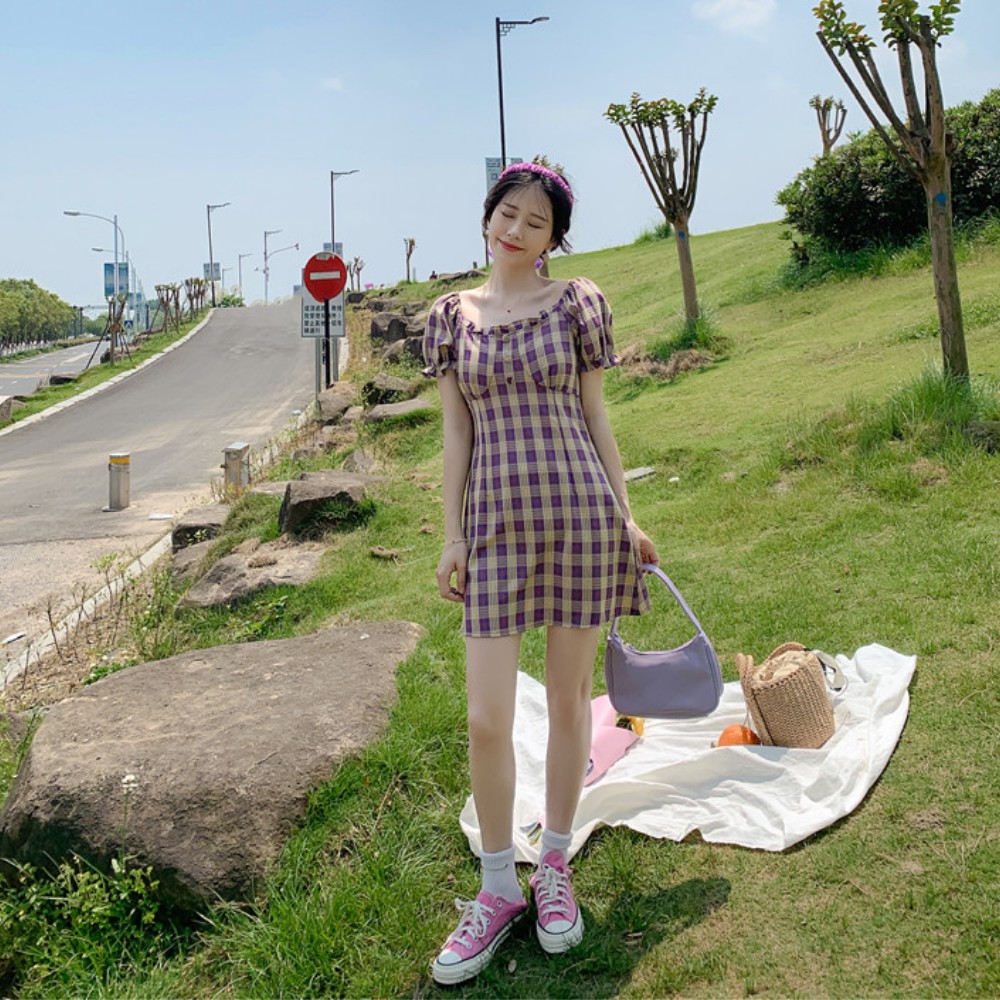 Váy nữ , váy đầm nữ váy kẻ sọc caro dáng ngắn chữ A tay bồng nữ tính ATILA SHOP | BigBuy360 - bigbuy360.vn