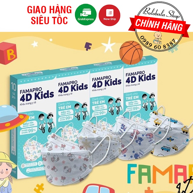 Khẩu trang trẻ em Famapro 4D KIDS kháng khuẩn cao cấp (10 cái/ hộp)