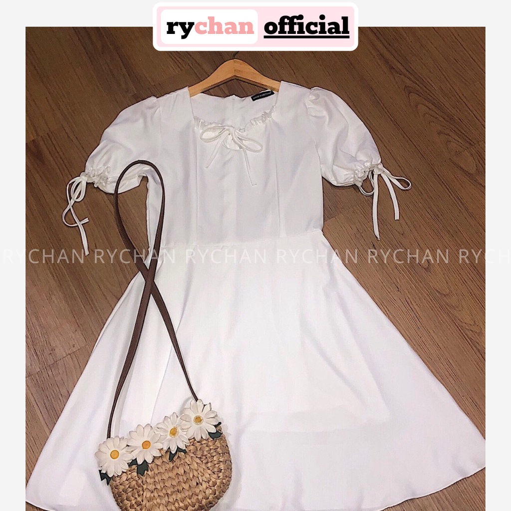 [ẢNH THẬT CUỐI] DX739 - Đầm Xòe Trắng Nơ Cổ Phối Tay Phồng