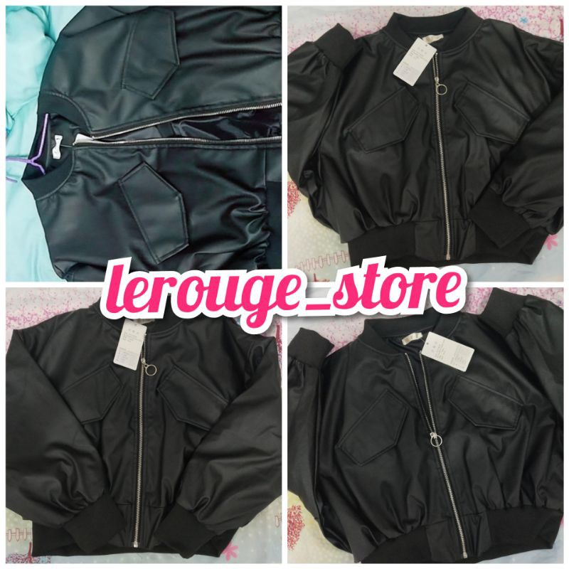 [Sẵn] Áo khoác bomber jacket dáng ngắn da PU đen form rộng oversize (ảnh thật) | BigBuy360 - bigbuy360.vn