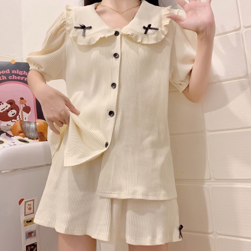 Đồ ngủ thun gân form rộng cộc tay dễ thương ( CÓ SẴN )