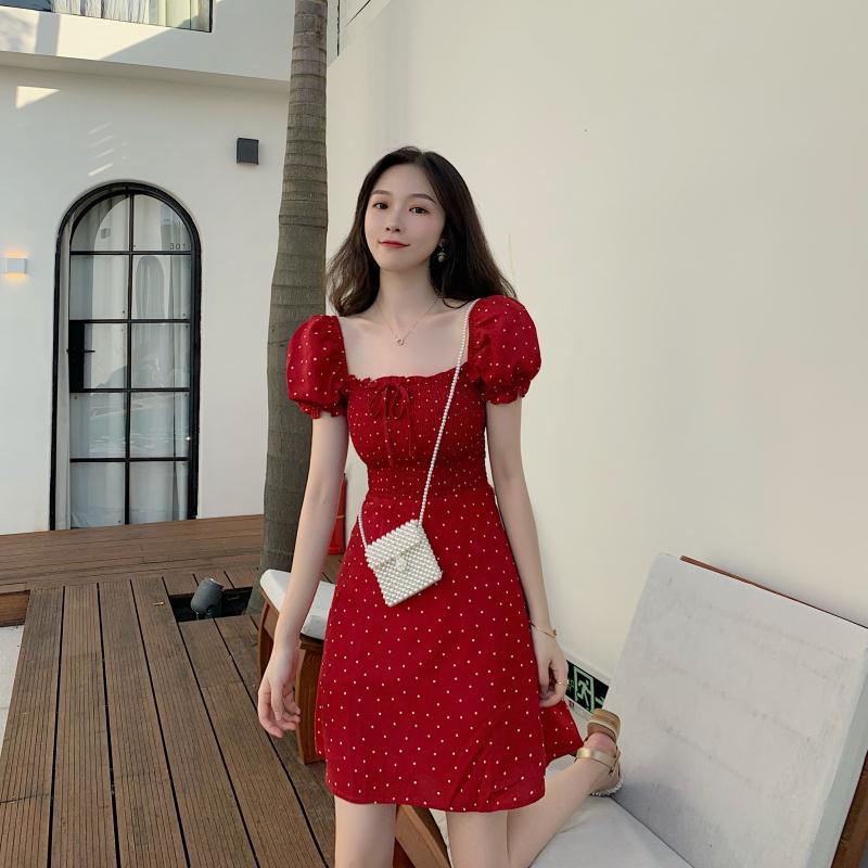 Đầm Chữ A Tay Phồng Cổ Vuông Họa Tiết Chấm Bi Phong Cách Retro Pháp Cho Nữ