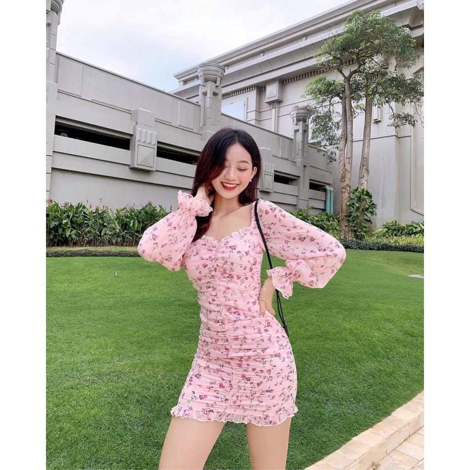 Váy Đầm Body Nhún Sườn Chất Voan 2 Lớp Họa Tiết Hoa Siêu Đẹp Với Tông Hồng Tôn Dáng Cực Xinh. | BigBuy360 - bigbuy360.vn