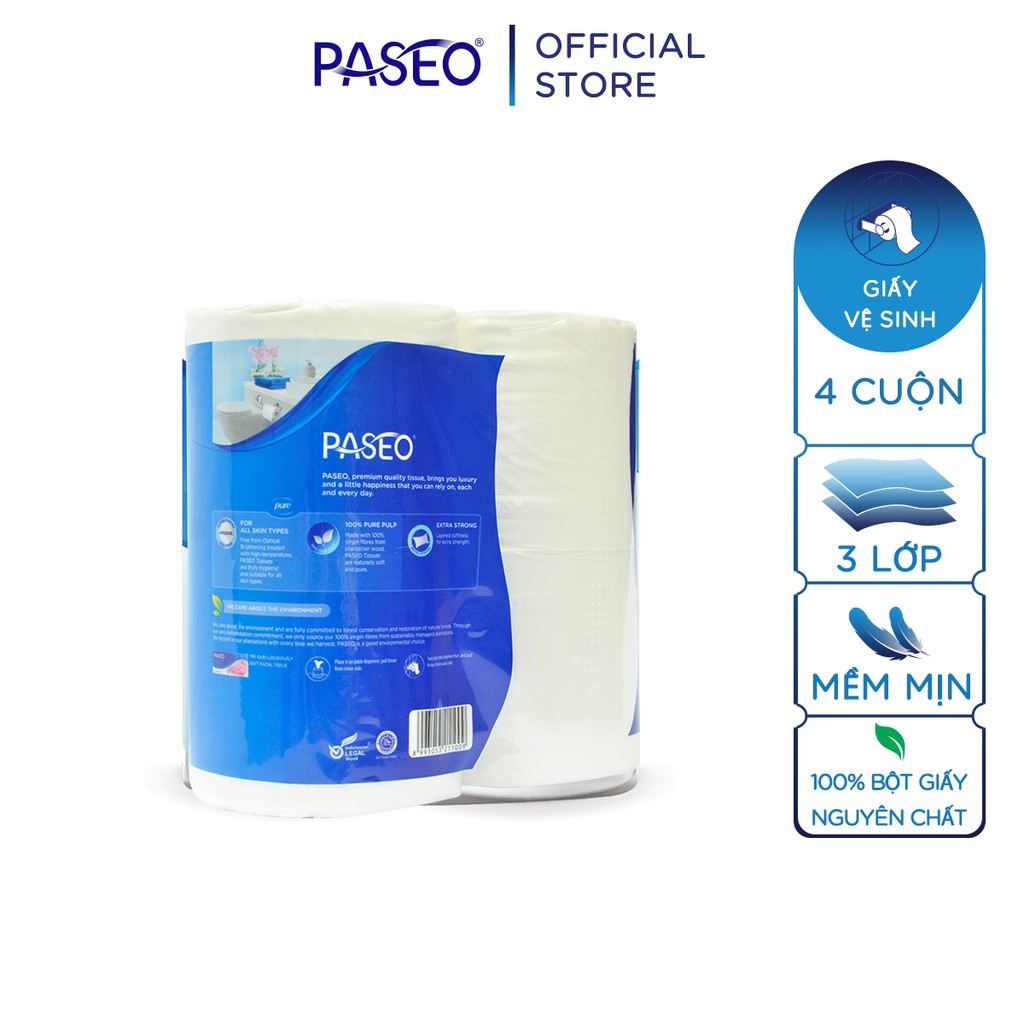 [Mã LTBAUAB8 giảm 7% đơn 99K] Giấy vệ sinh cao cấp Paseo dai, mềm mịn trơn/in hoa (4 cuộn 3 lớp)/lốc