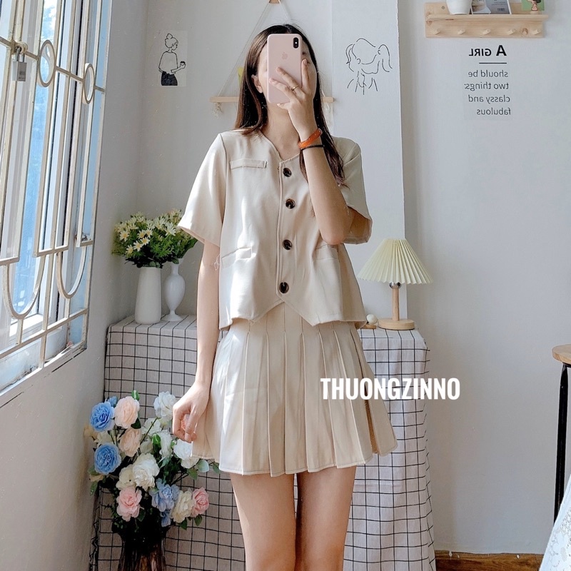 [Ảnh thật/Video] Set Áo Vest Cộc Tay Cúc Ngực Kèm Chân Váy Hiện Đại