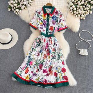 #1253 [Order] Đầm tay ngắn cổ sơ mi xếp ly viền xanh họa tiết hoa đủ size