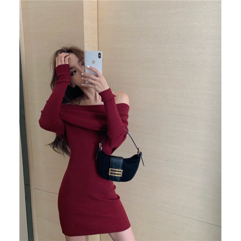Váy body len tăm trễ vai dài tay (có ảnh thật)