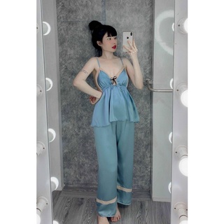 Set bộ dài phối ren vải phi bóng mềm mịn size dưới 58kg