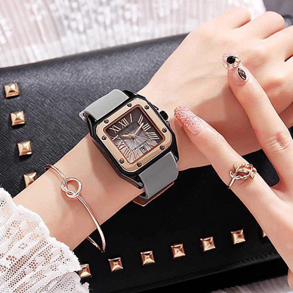 Đồng hồ nữ đeo tay dây cao su Guou mặt vuông chính hãng chống nước tuyệt đối 8154