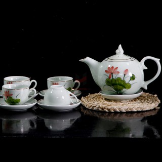 THƯỞNG TRÀ MỘC VỚI Bộ Ấm Chén Cát Tường Xanh Vẽ Sen Chỉ Vàng Kim Hợp Mọi Phòng Khách,Bộ Tách Trà Gốm Sứ, Bộ Ấm Pha Trà