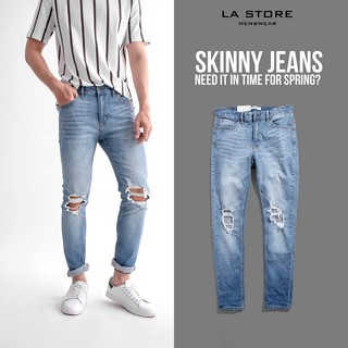 Quần Jeans xanh wash rách gối skinny