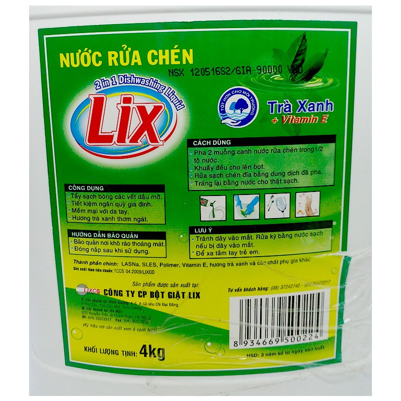 Nước rửa chén Lix Vitamin E hương Trà Xanh - 4kg