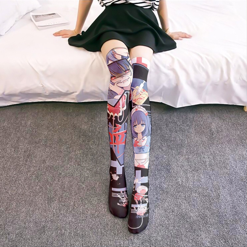 Vớ dài qua gối in họa tiết hoạt hình 3d phong cách lolita dễ thương cho nữ