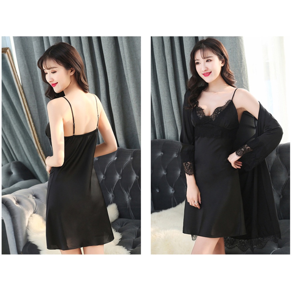 Set váy ngủ lụa ren sexy + áo choàng gợi cảm   , SEXY GIRL