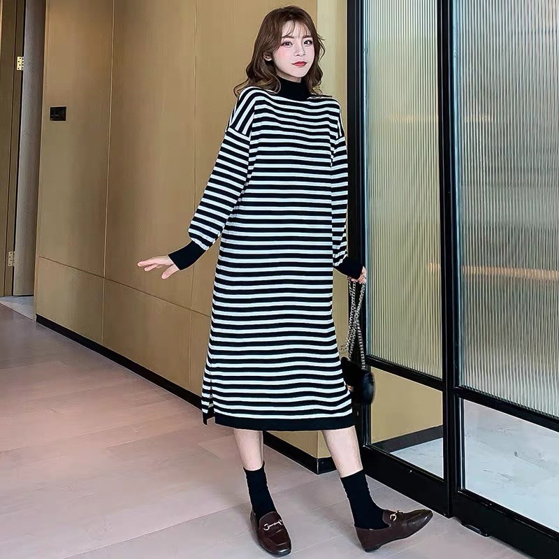Đầm thun kẻ sọc ngang dài xẻ tà dài tay size XL