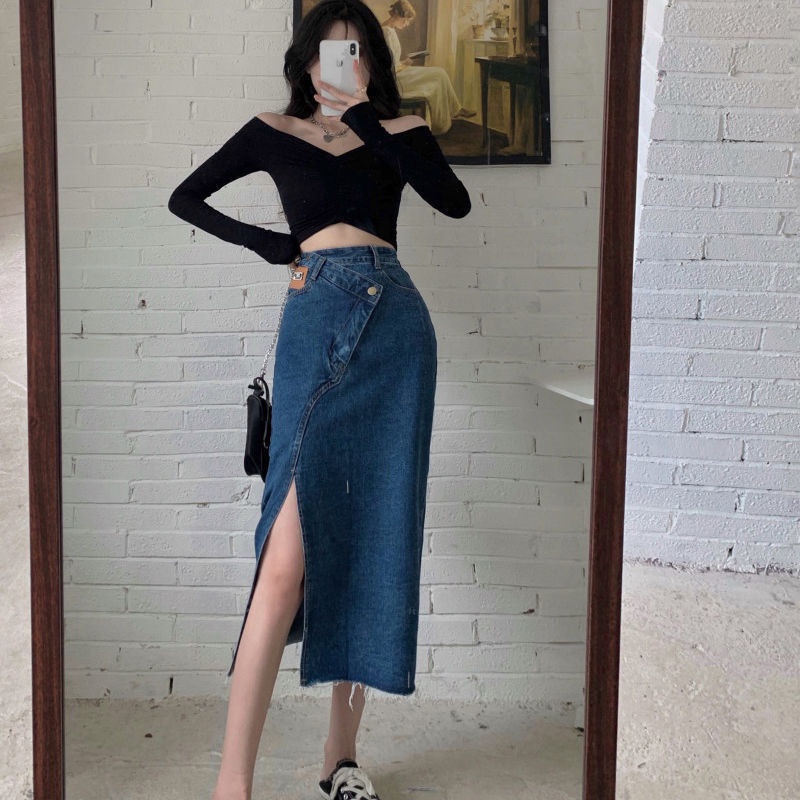 Váy denim dáng rộng lưng cao thời trang mùa xuân mới 2022 dành cho nữ