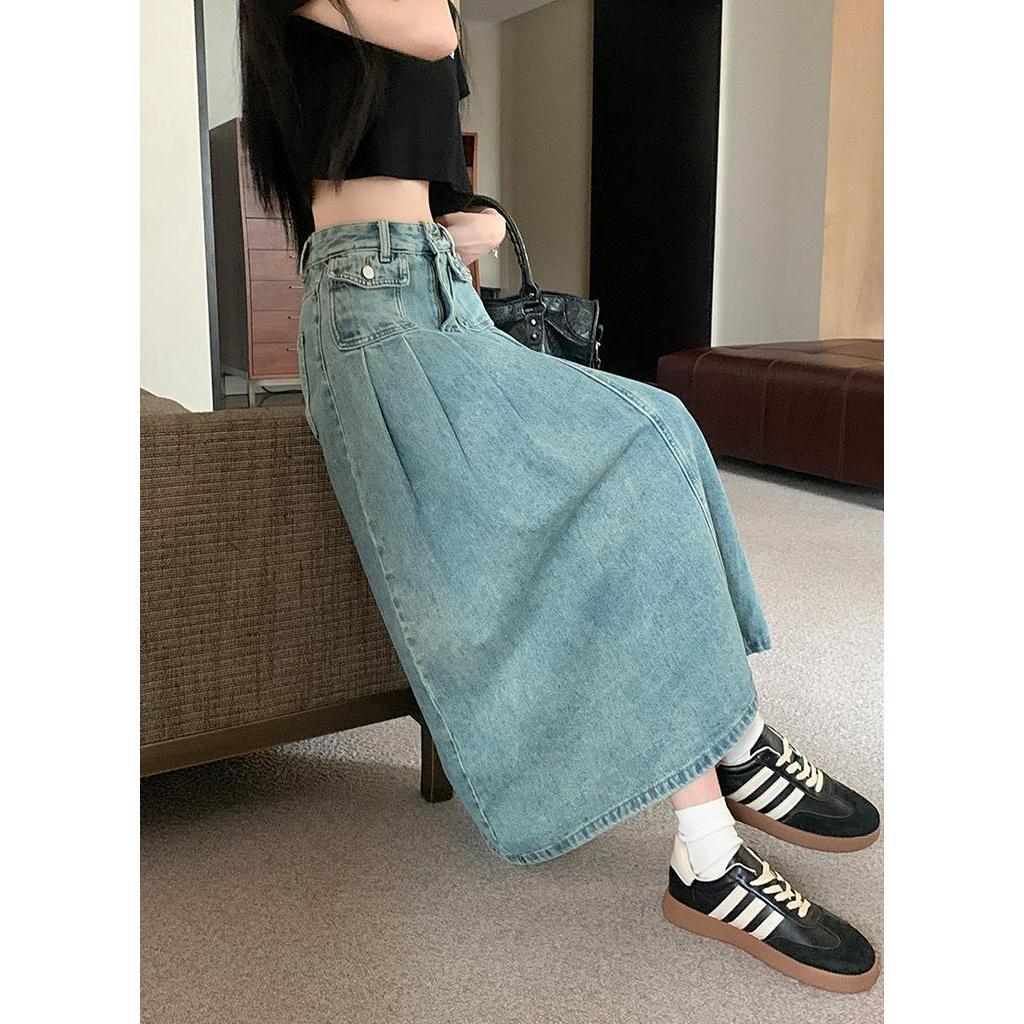 Chân Váy Denim Dài Dáng Chữ A Xếp Ly Lưng Cao Thời Trang Mùa Hè 62894