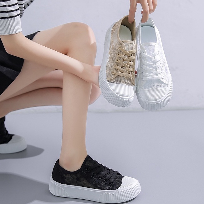 Giày Thể Thao Đế Bằng Phối Ren Lưới Thoáng Khí giày lưới nữ giày vải nữ