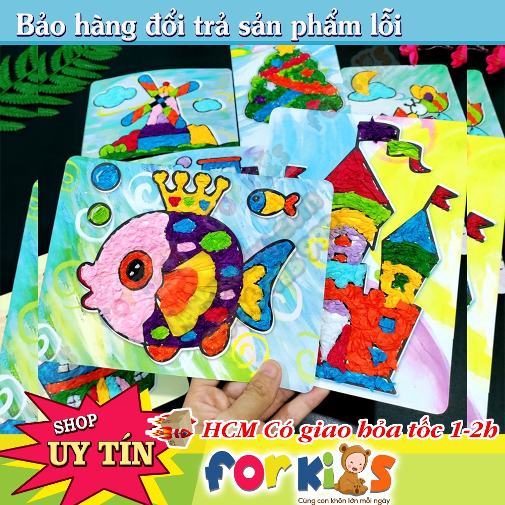 Sét 8 Tranh tô màu, tranh GIẤY tranh trang trí, tranh dán DÀY XINH, tranh giấy thủ công, đồ chơi cho bé