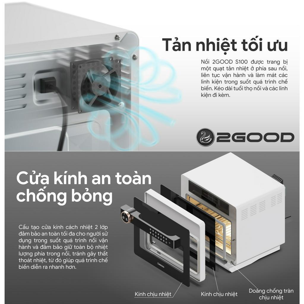 Nồi Chiên Không Dầu Kèm Hấp 2GOOD S100, Lòng nồi và phụ kiện INOX 304, Dung tích 20L, Lồng tự đảo 360°