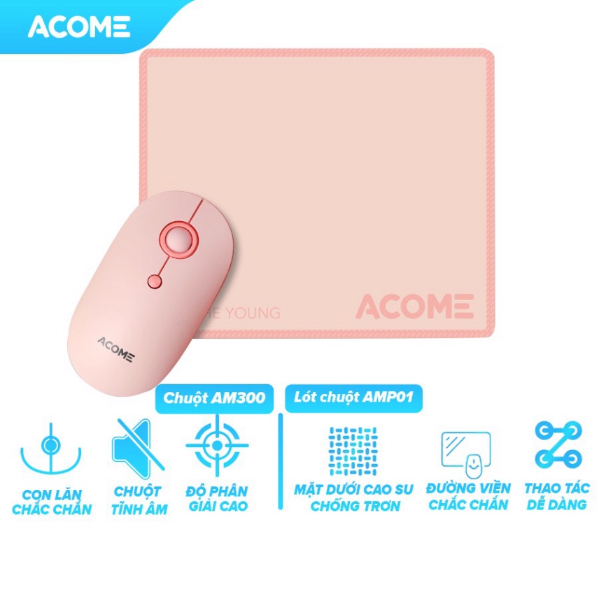 Chuột Không Dây ACOME AM300 Và tấm lót Chuột AMP01 Chuột Tĩnh Âm khuyến mãi kèm theo Pin - Bảo hành 12 THÁNG .