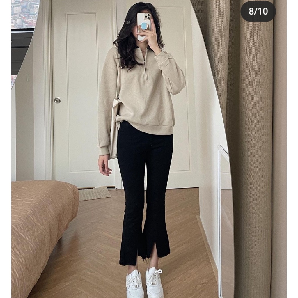 Quần jean ống loe đen xẻ gấu cạp cao hách dáng chất co giãn thoải mái by Minxy