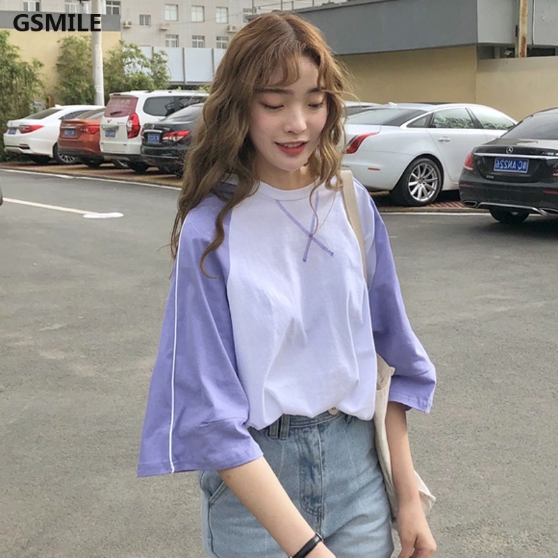 Áo thun nữ ngắn tay phối màu phong cách Hàn Quốc năng động