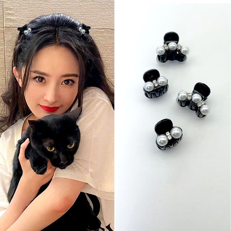 Kẹp tóc mái mini màu đen đính hạt châu viền trong suốt K46