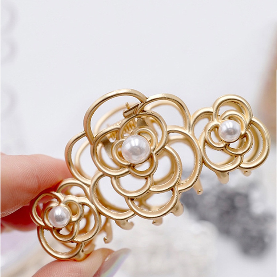 Kẹp tóc đuôi ngựa bằng kim loại hình hoa đính ngọc trai nhân tạo đơn giản phong cách Hàn Quốc