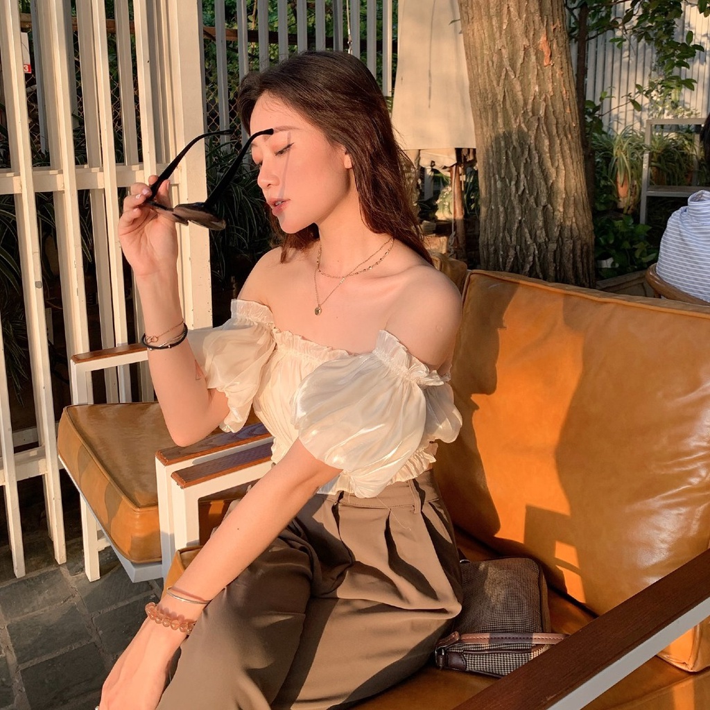 Áo trễ vai croptop tay bồng rời [2 lớp] Áo quây chất tơ oganza A-3M.