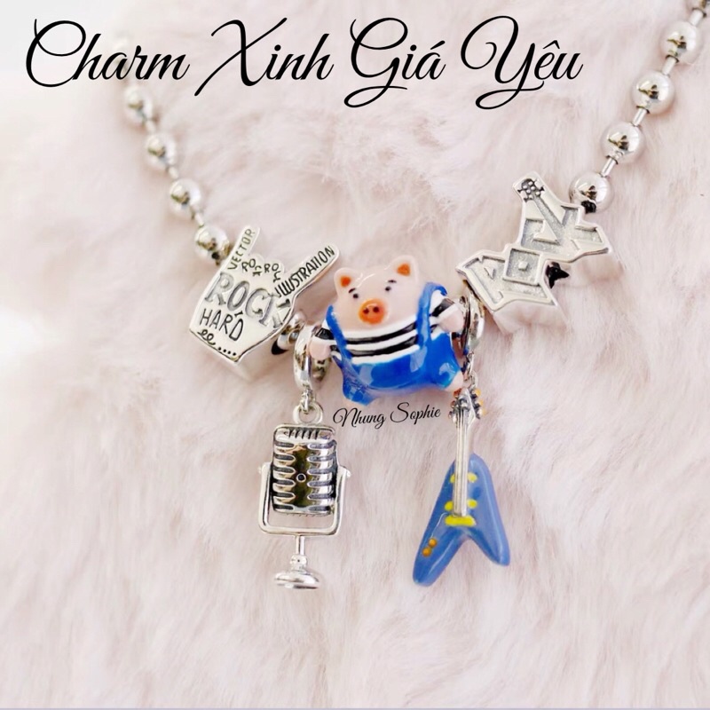 Bộ sưu tập charm bạc 925 Rock Band hình đàn guitar điện, đài catset, micro nhungsophie