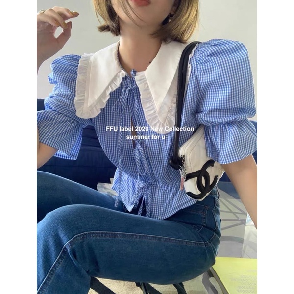 Áo croptop tay bồng cổ nhọn viền bèo