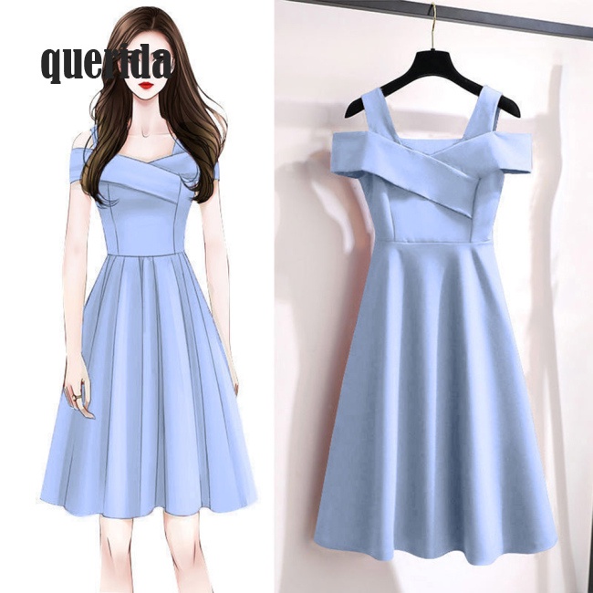 COD Women Fashion Off-shoulder  Dress Cross Front High Waist Sexy Backless Comfortable Solid Color Pullover Midi Skirt