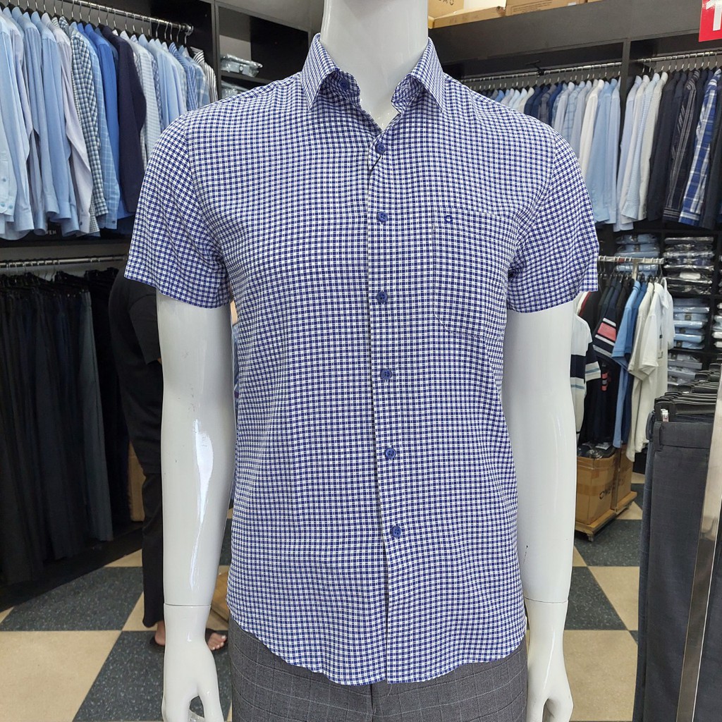 Áo Sơ Mi Nam Tay Ngắn Owen AS20639NT Dáng Slim Fit Nâu Cafe Màu Kẻ Caro Nhỏ Xanh Đậm Dobby Trắng