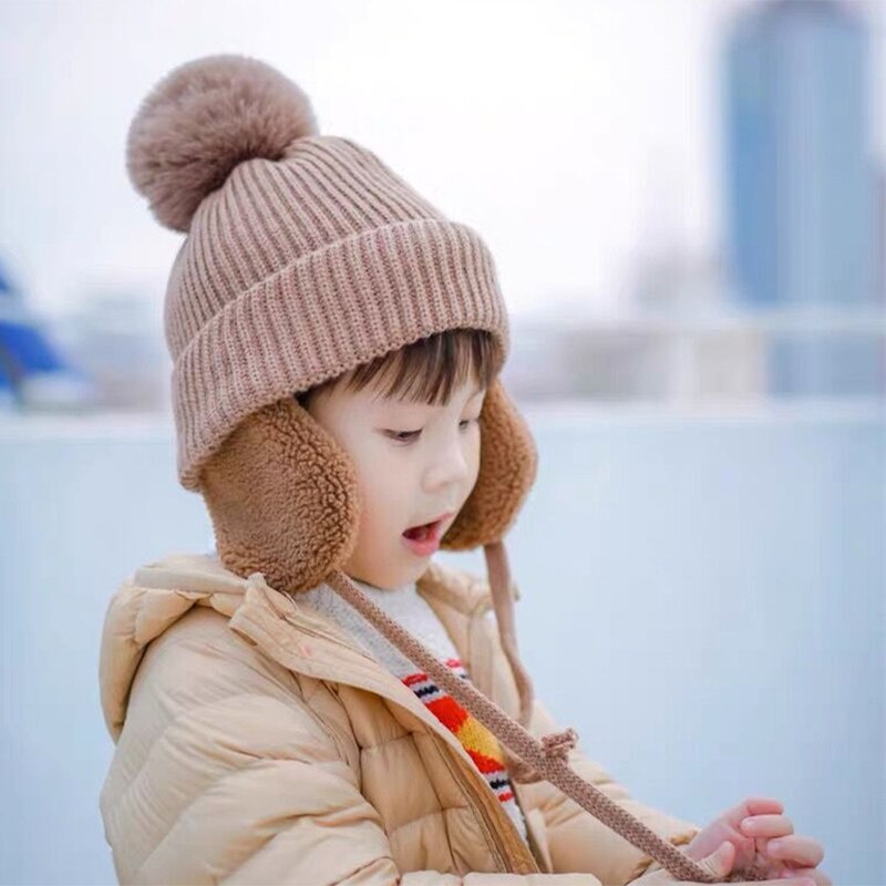 Mũ Beanie Dệt Kim Dày Dặn Giữ Ấm Tai Thời Trang Mùa Đông Cho Bé