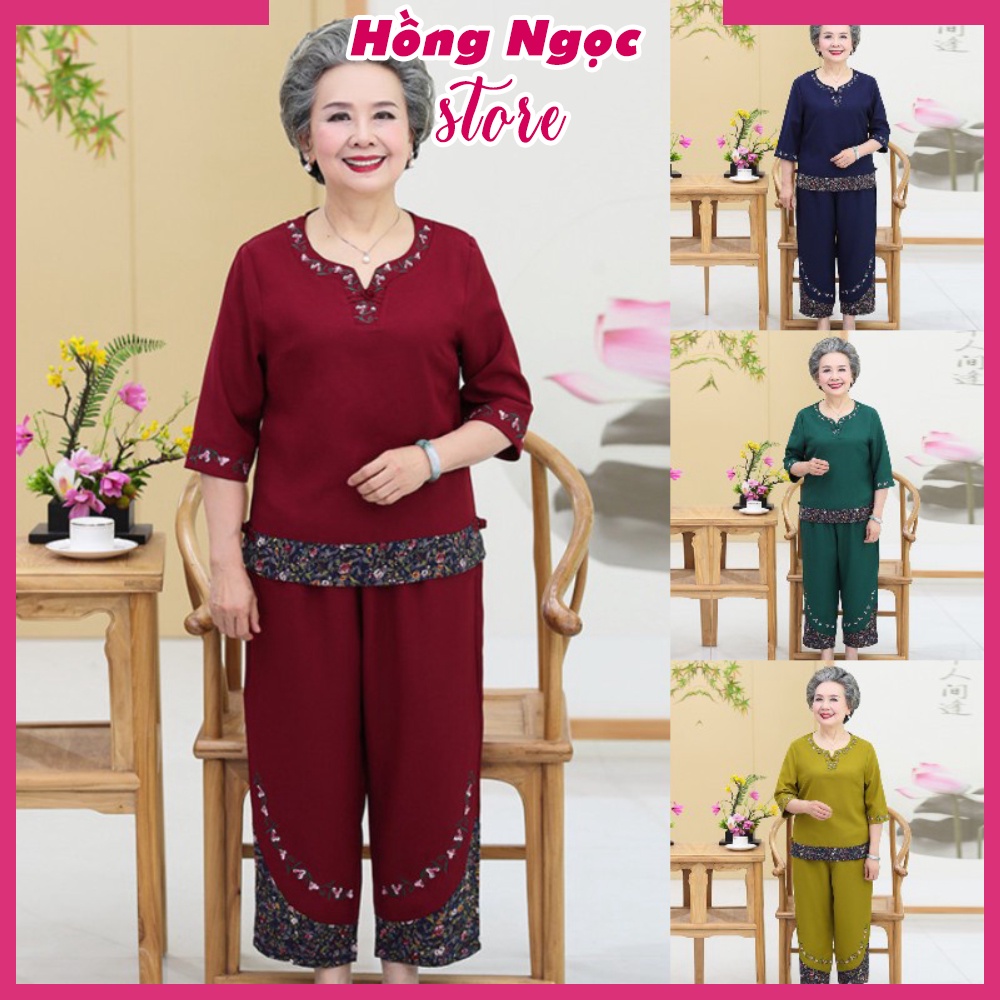 Đồ bộ nữ mặc nhà tay lỡ, họa tiết thêu, hoa văn phối màu, chất liệu Cotton co giãn, quần áo trung niên cho bà, cho mẹ