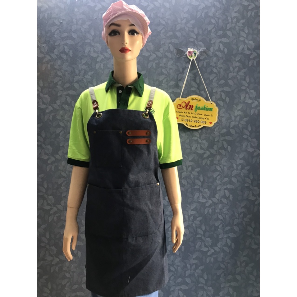 Tạp Dề yếm xanh mắc cao phối 2 da, 2 túi cao cấp-Tạp dề pha chế Tạp dề cafe Tạp dề phục vụ_Hình chụp thật