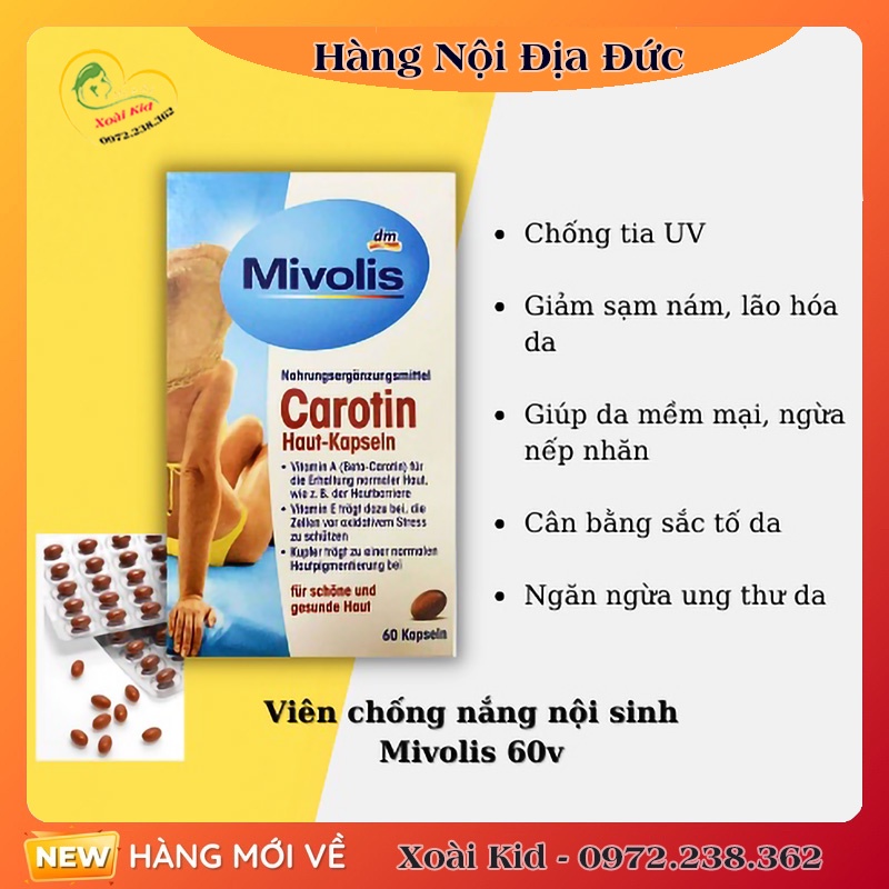 Đủ Bill Tách lẻ Viên Uống Chống Nắng Mivolis Carotin Hộp 60 Viên - Hàng