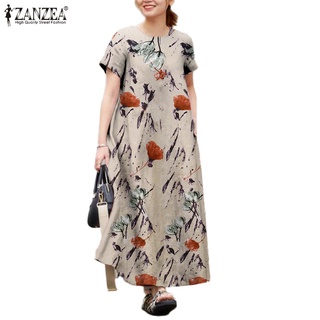 Zanzea Đầm Dài Tay Ngắn Cổ Tròn In Họa Tiết Thời Trang Dành Cho Nữ