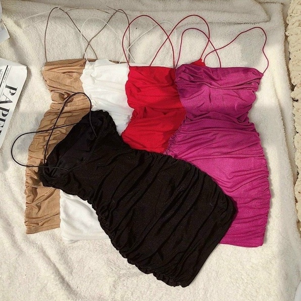 đầm 2 dây có mút nhúm nhúm đan chéo x lưng sexy chất bozip mềm ;