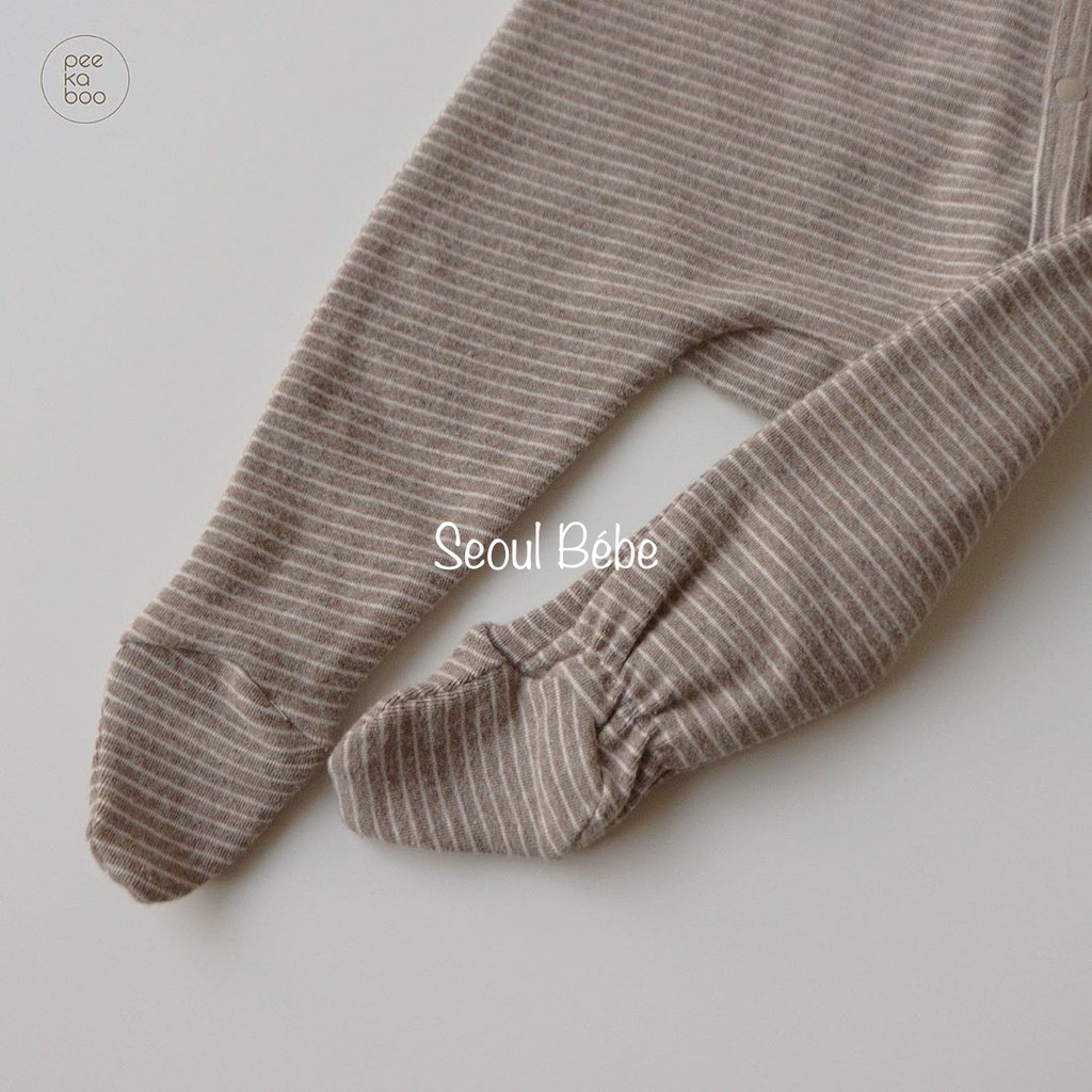 Set jumpsuit liền bàn kèm mũ bông bộ kẻ Tata Peekaboo thu đông cho bé 3-11kg