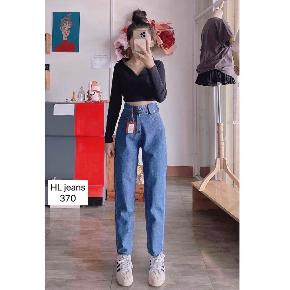 Quần Jean Baggy nữ túi nắp cạp cao lai cuốn 2 màu Xanh đậm/ Xanh nhạt - Xưởng may LT77